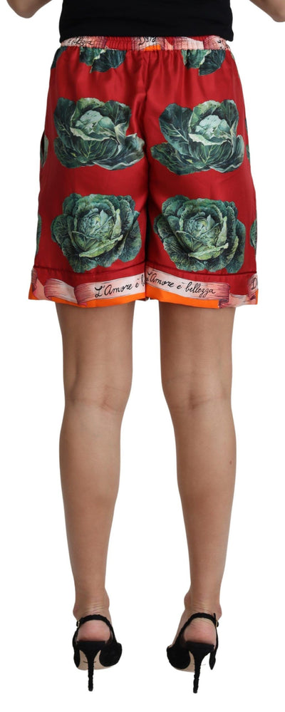 Red Cabbage Print Silk High Waist Shorts