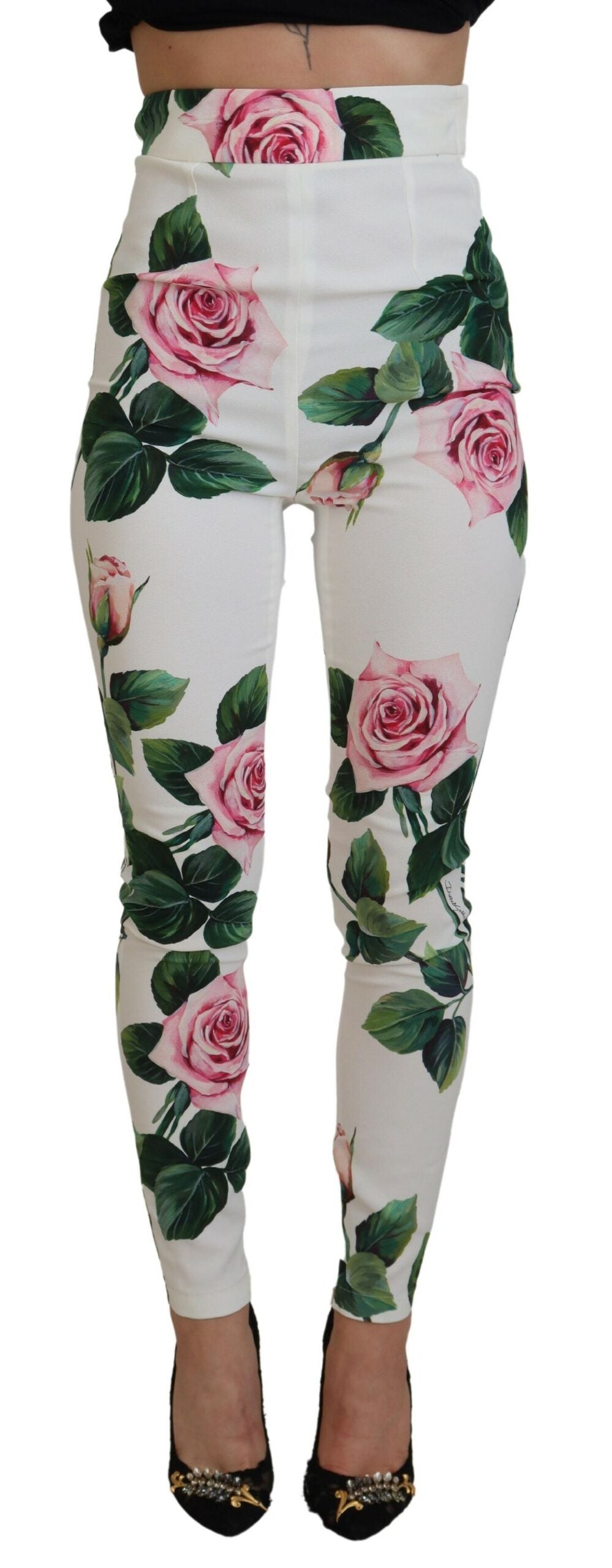 White Rose Print High Waist Pants