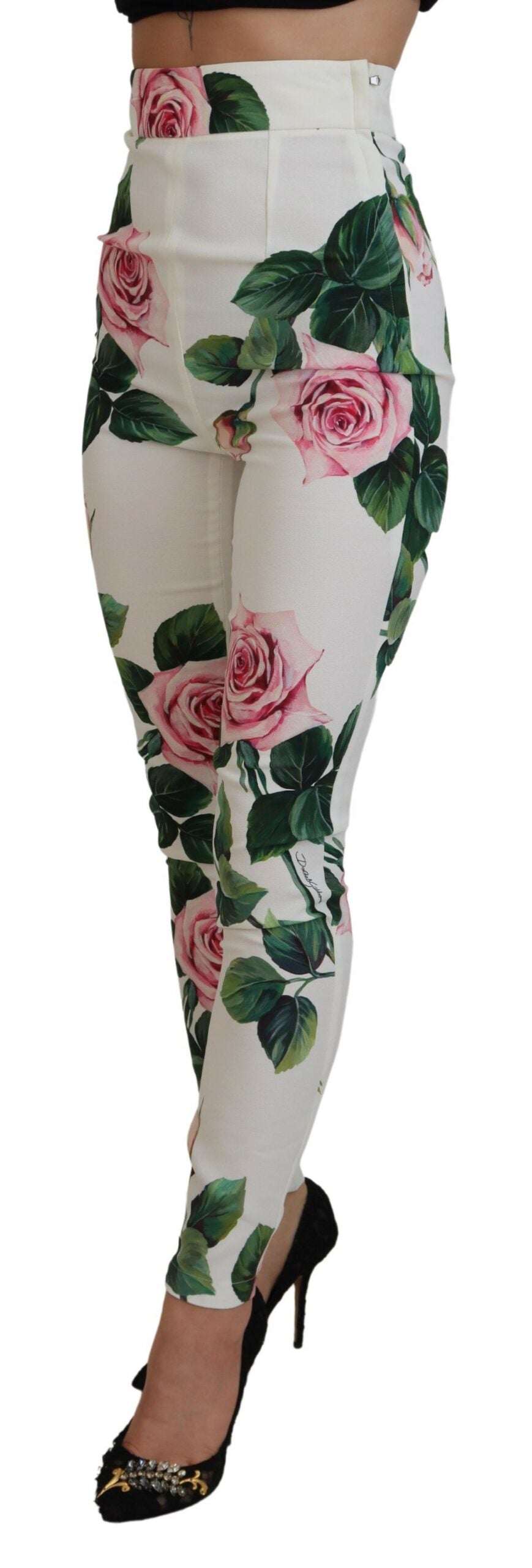 White Rose Print High Waist Pants