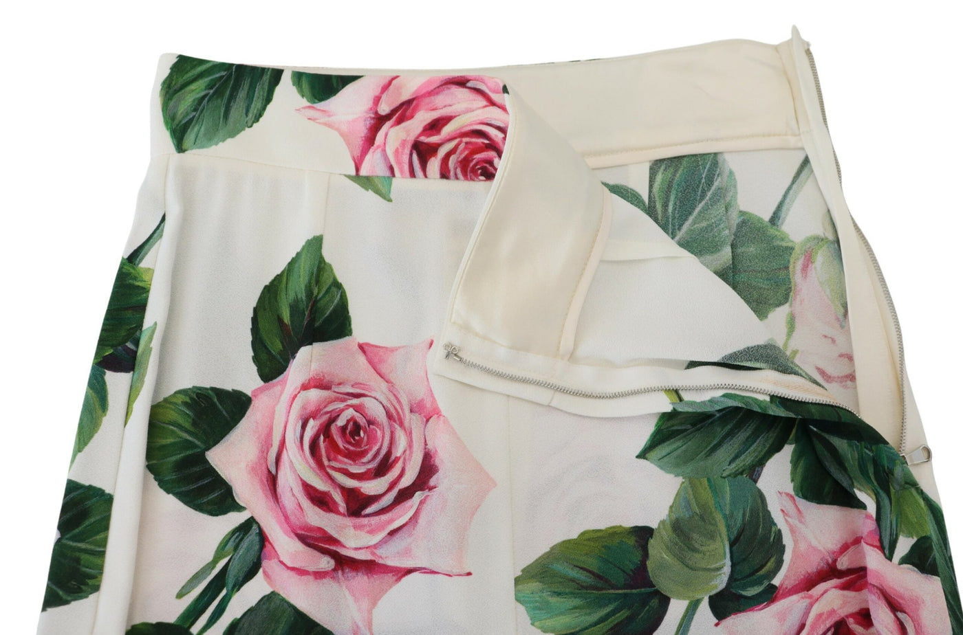 White Rose Print High Waist Pants