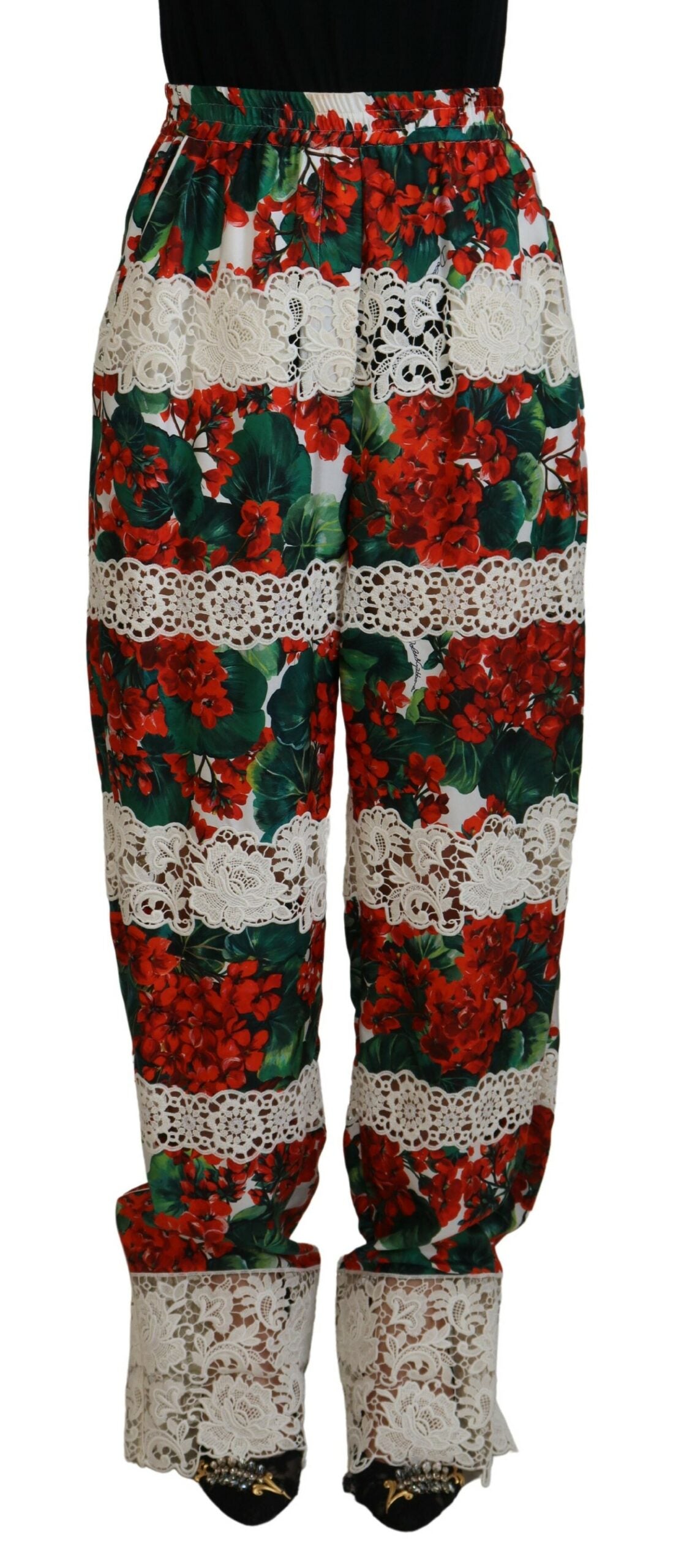 Multicolor Lace Floral Print High Waist Pants