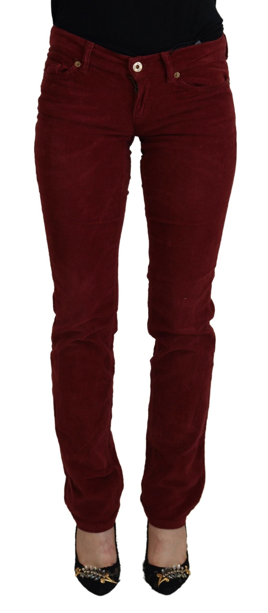 Maroon Corduroy Slim Fit Women Casual Pants