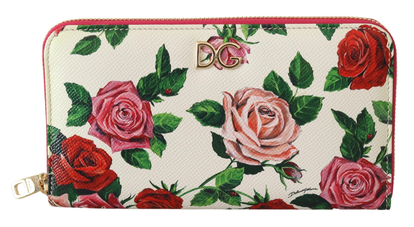 White Leather Floral Roses Zip Around Continental Wallet