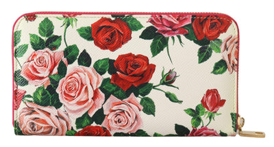 White Leather Floral Roses Zip Around Continental Wallet