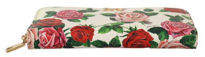 White Leather Floral Roses Zip Around Continental Wallet