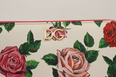 White Leather Floral Roses Zip Around Continental Wallet