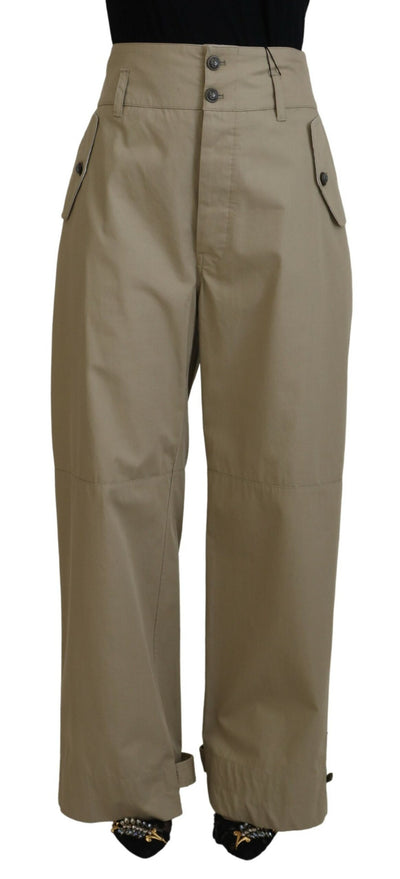 Beige Cotton High Waist Straight Pants