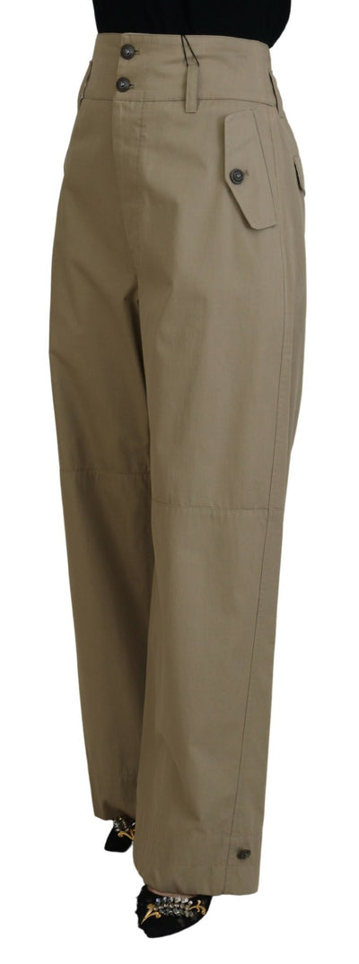 Beige Cotton High Waist Straight Pants