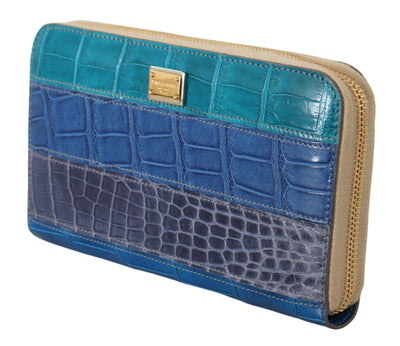 Blue Leather Crocodile Zip Around Wallet