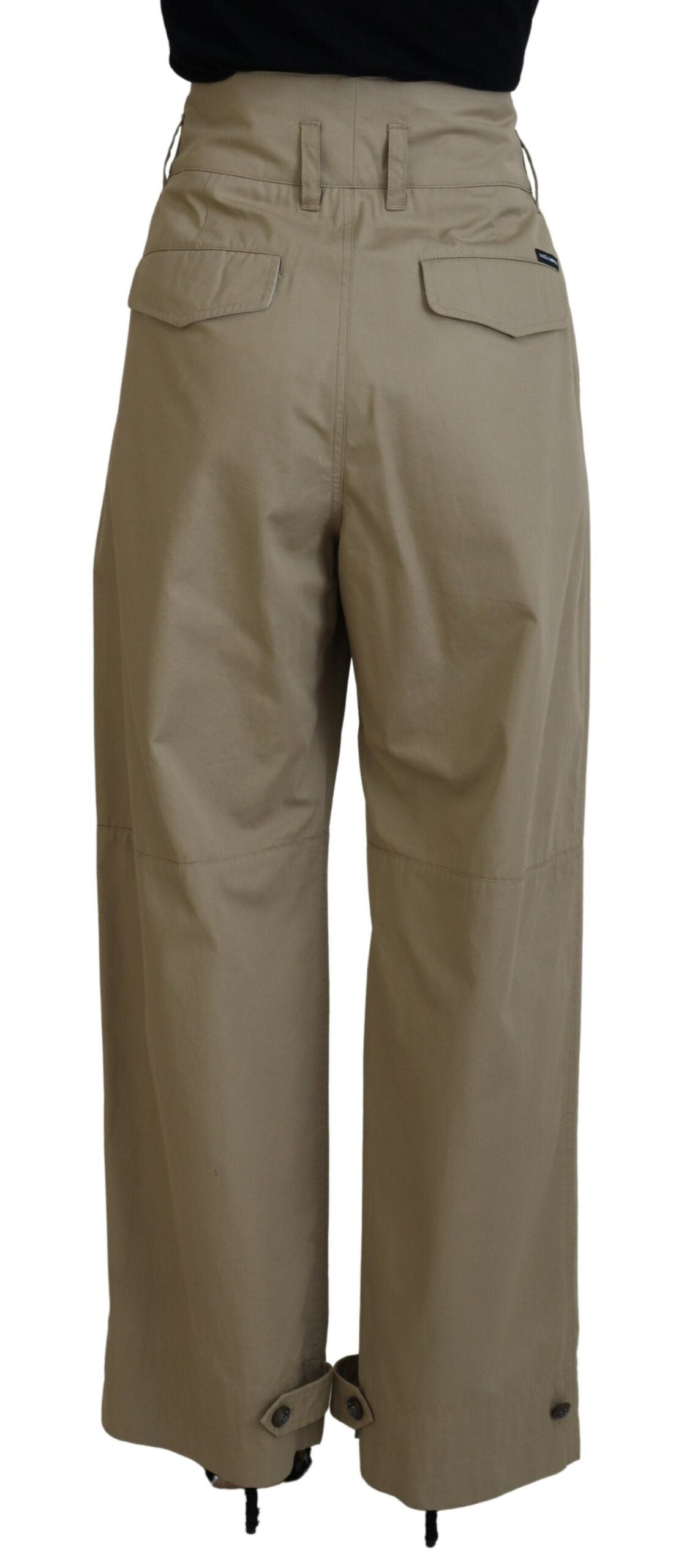 Beige Cotton High Waist Straight Pants