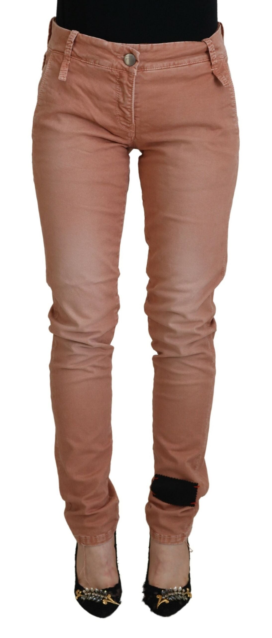 Pink Mid Waist Slim Fit Women Casual Pants