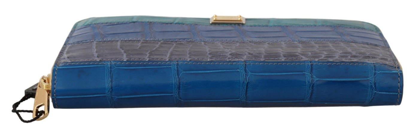 Blue Leather Crocodile Zip Around Wallet