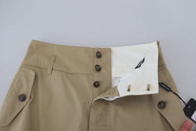 Beige Cotton High Waist Straight Pants