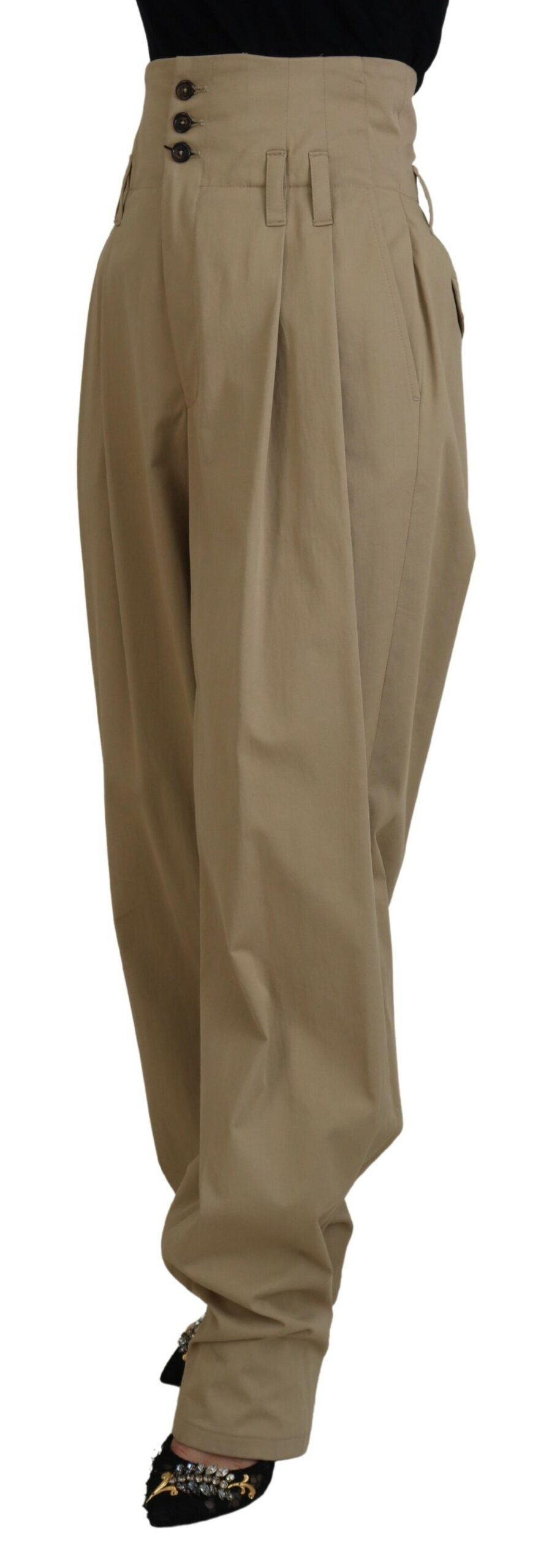 Brown Cotton High Waist Tapered Pants