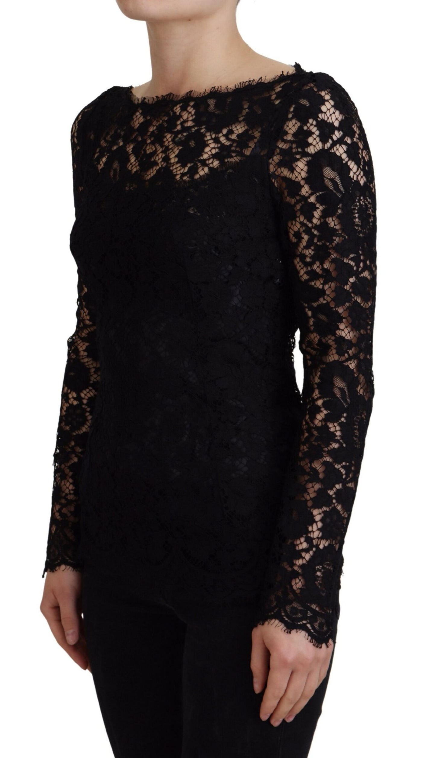 Black Cotton Lace Trim Long Sleeves Top