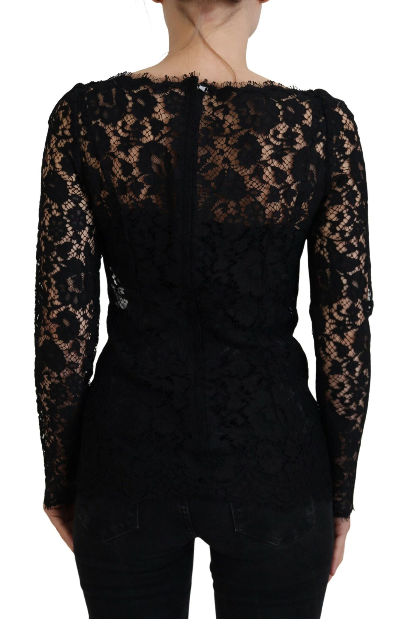 Black Cotton Lace Trim Long Sleeves Top