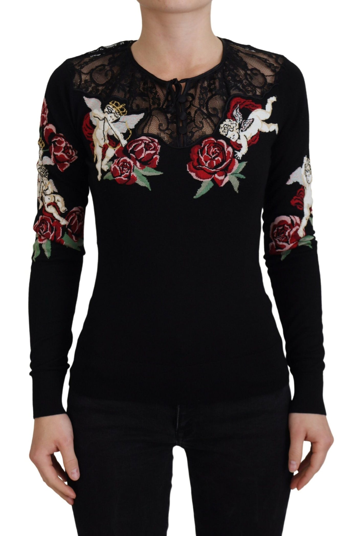 Black Silk Knit Roses Angel Pullover Sweater