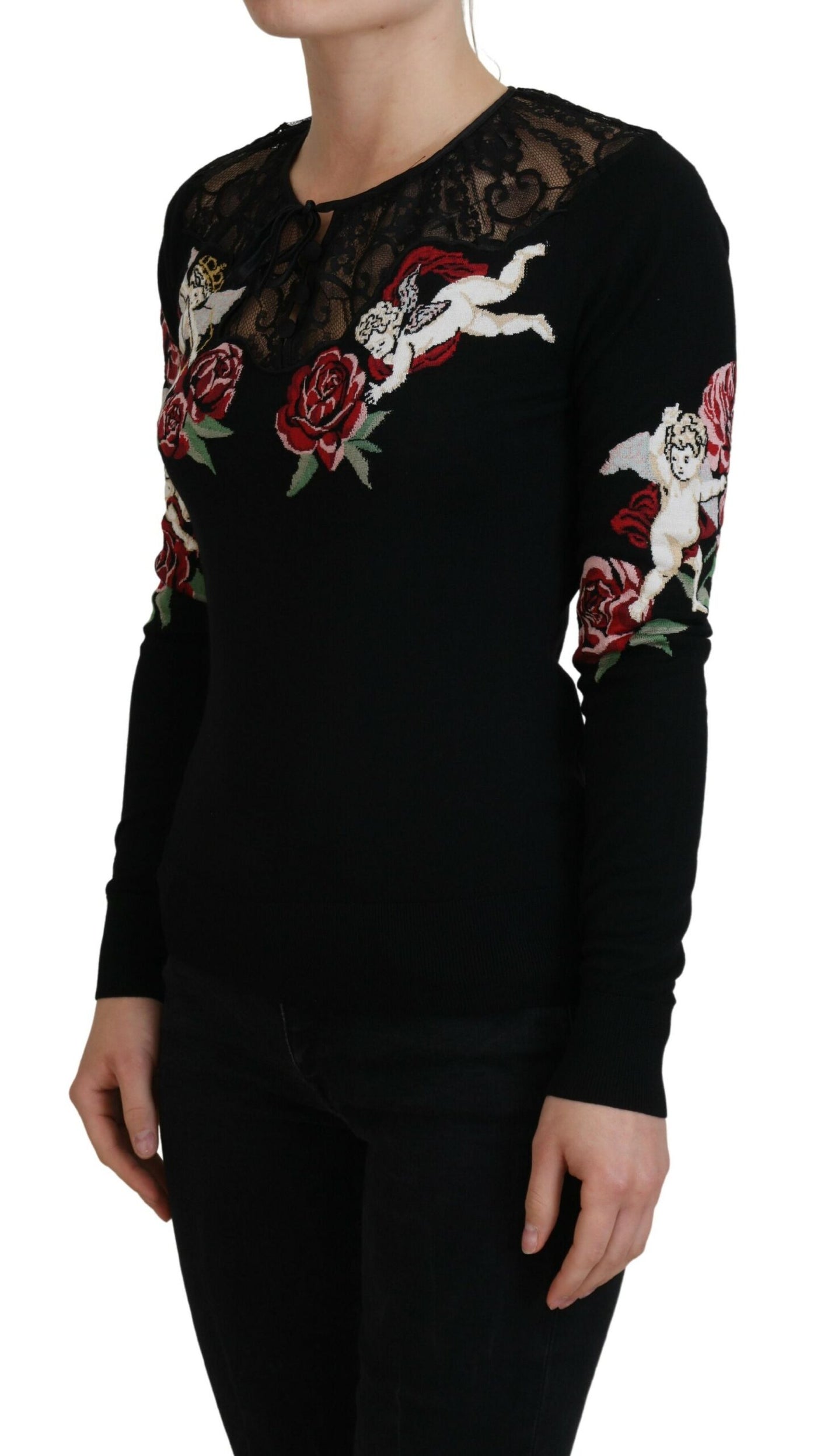 Black Silk Knit Roses Angel Pullover Sweater