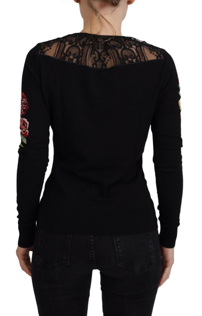 Black Silk Knit Roses Angel Pullover Sweater