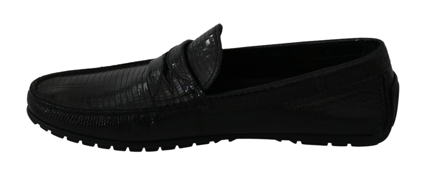 Black Lizard Leather Flat Loafers Shoes