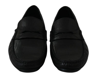 Black Lizard Leather Flat Loafers Shoes