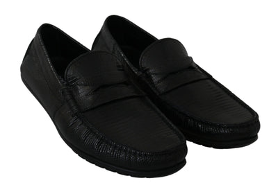 Black Lizard Leather Flat Loafers Shoes