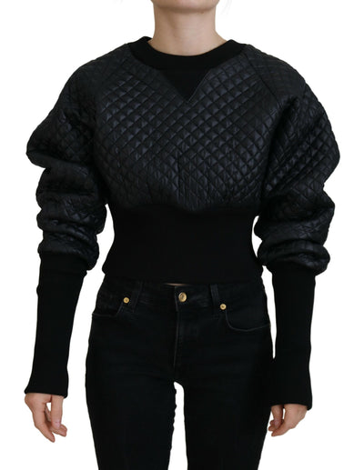 Black Nylon Quilted Crewneck Pullover Sweater