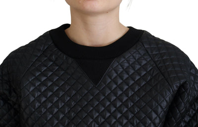 Black Nylon Quilted Crewneck Pullover Sweater