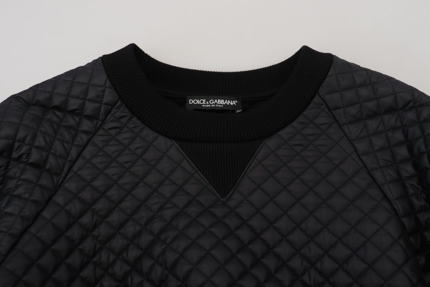 Black Nylon Quilted Crewneck Pullover Sweater