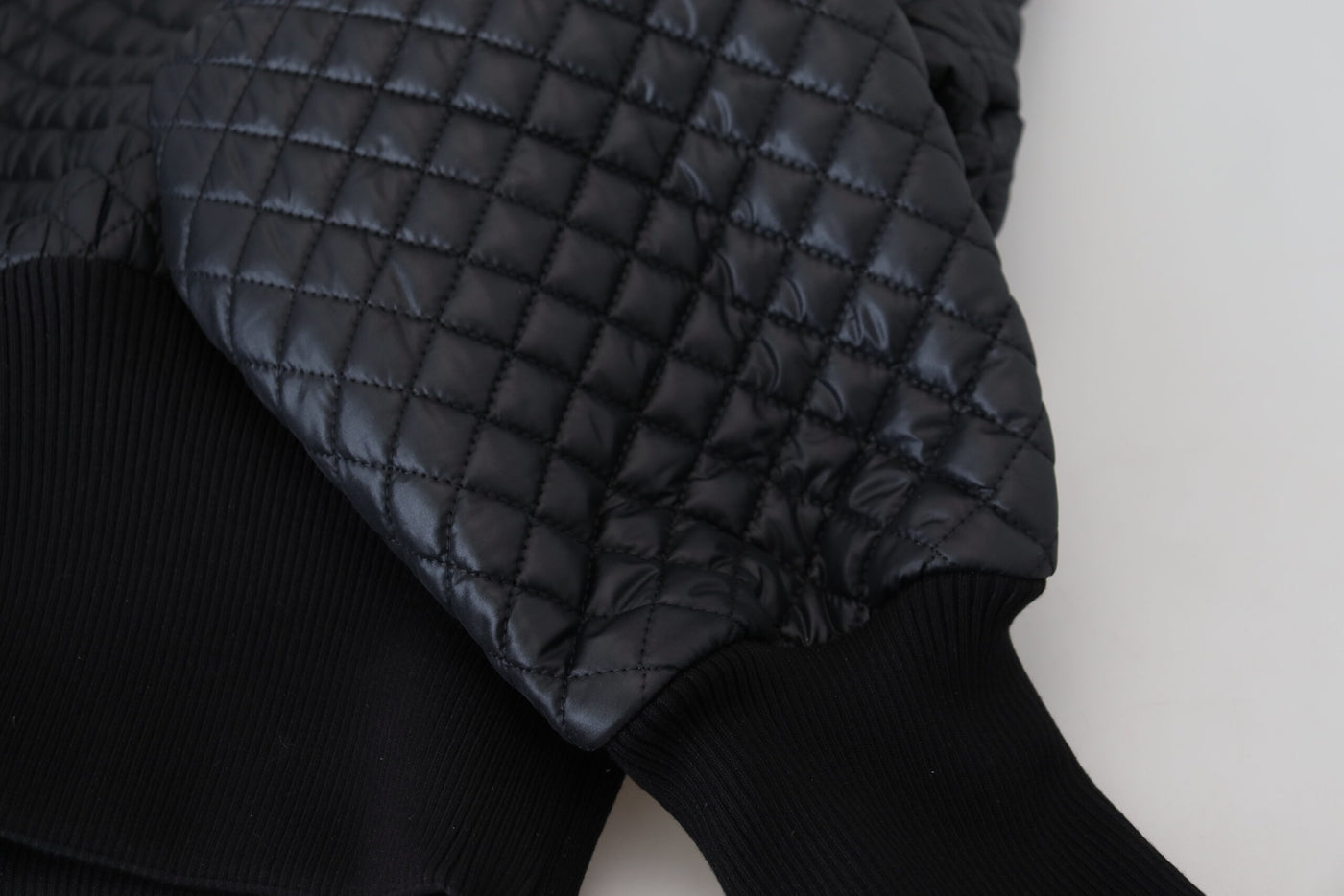 Black Nylon Quilted Crewneck Pullover Sweater