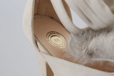 Beige Feather Ankle Strap Heels Sandals Shoes