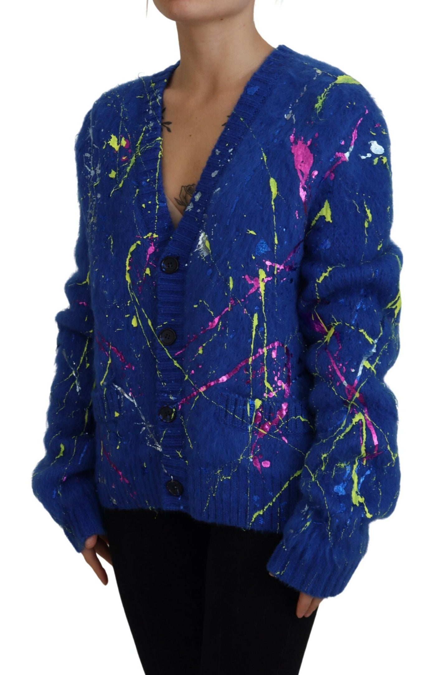 Blue Color Splash Mohair Cardigan  Sweater