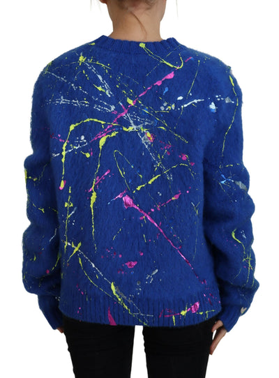 Blue Color Splash Mohair Cardigan  Sweater