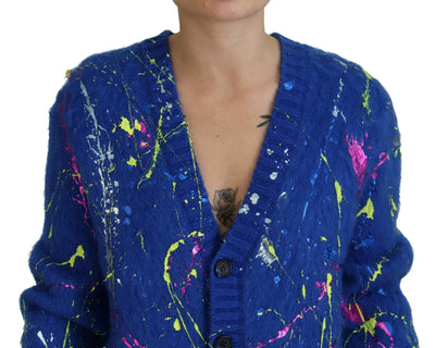 Blue Color Splash Mohair Cardigan  Sweater