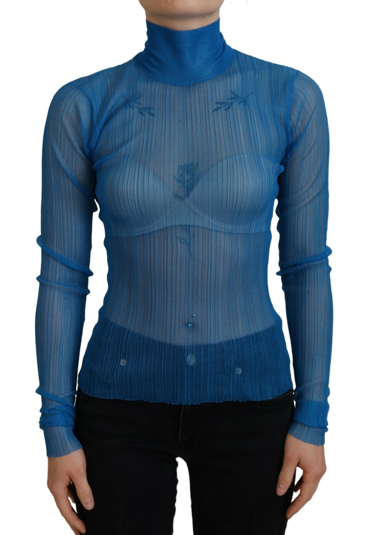 Blue Mesh Turtleneck Long Sleeve Blouse Top