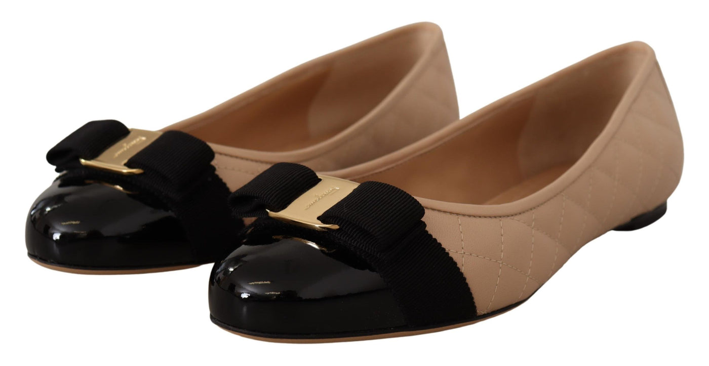 Beige and Black Nappa Leather Ballet Flat Shoes