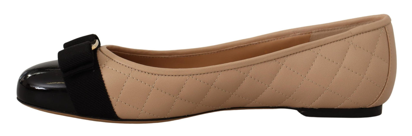 Beige and Black Nappa Leather Ballet Flat Shoes