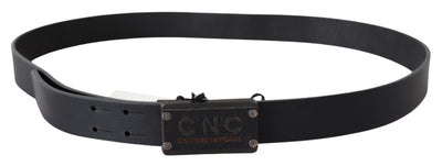 Black Leather Rustic Logo Buckle Waist Belt