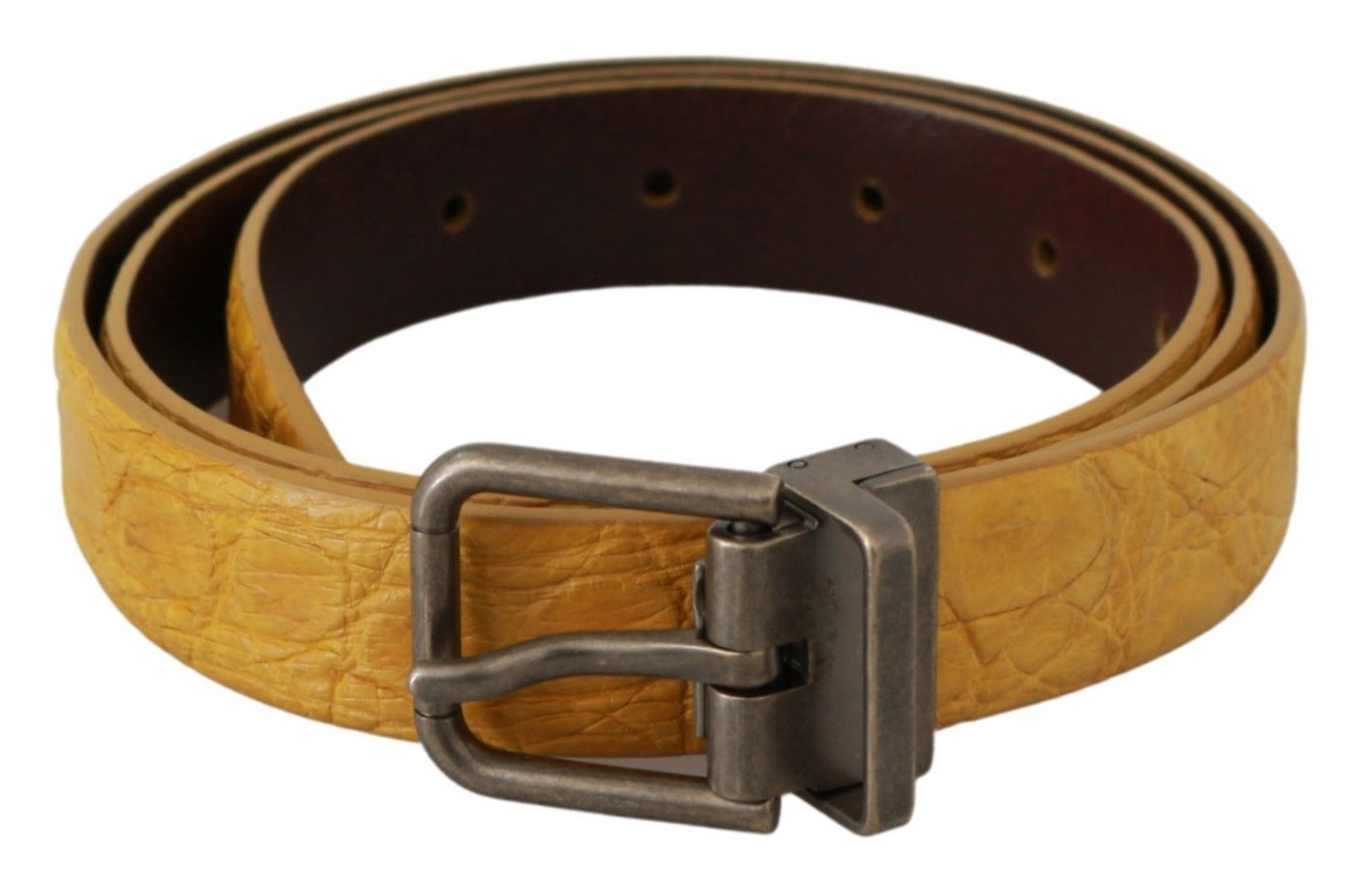 Yellow Exotic Skin Leather Grey Buckle Belt