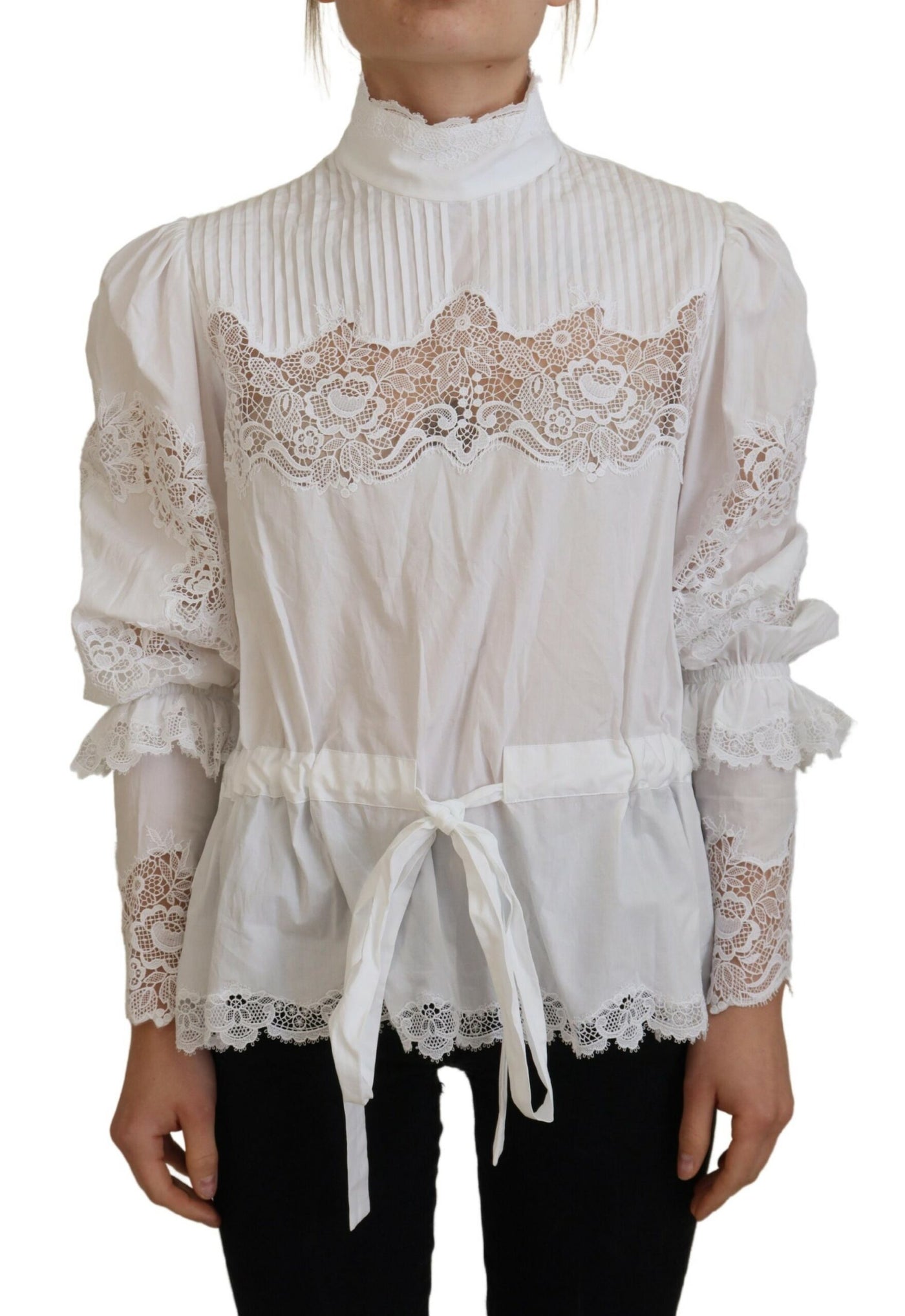 White Cotton Lace Trim Turtle Neck Blouse Top