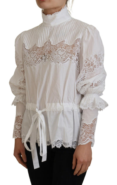 White Cotton Lace Trim Turtle Neck Blouse Top