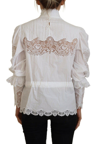 White Cotton Lace Trim Turtle Neck Blouse Top