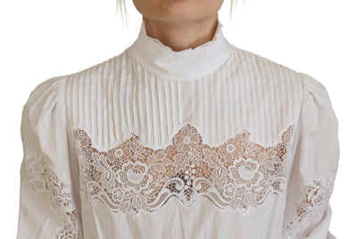 White Cotton Lace Trim Turtle Neck Blouse Top