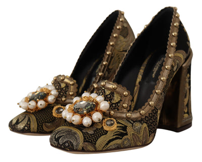 Gold Crystal Square Toe Brocade Pumps Shoes