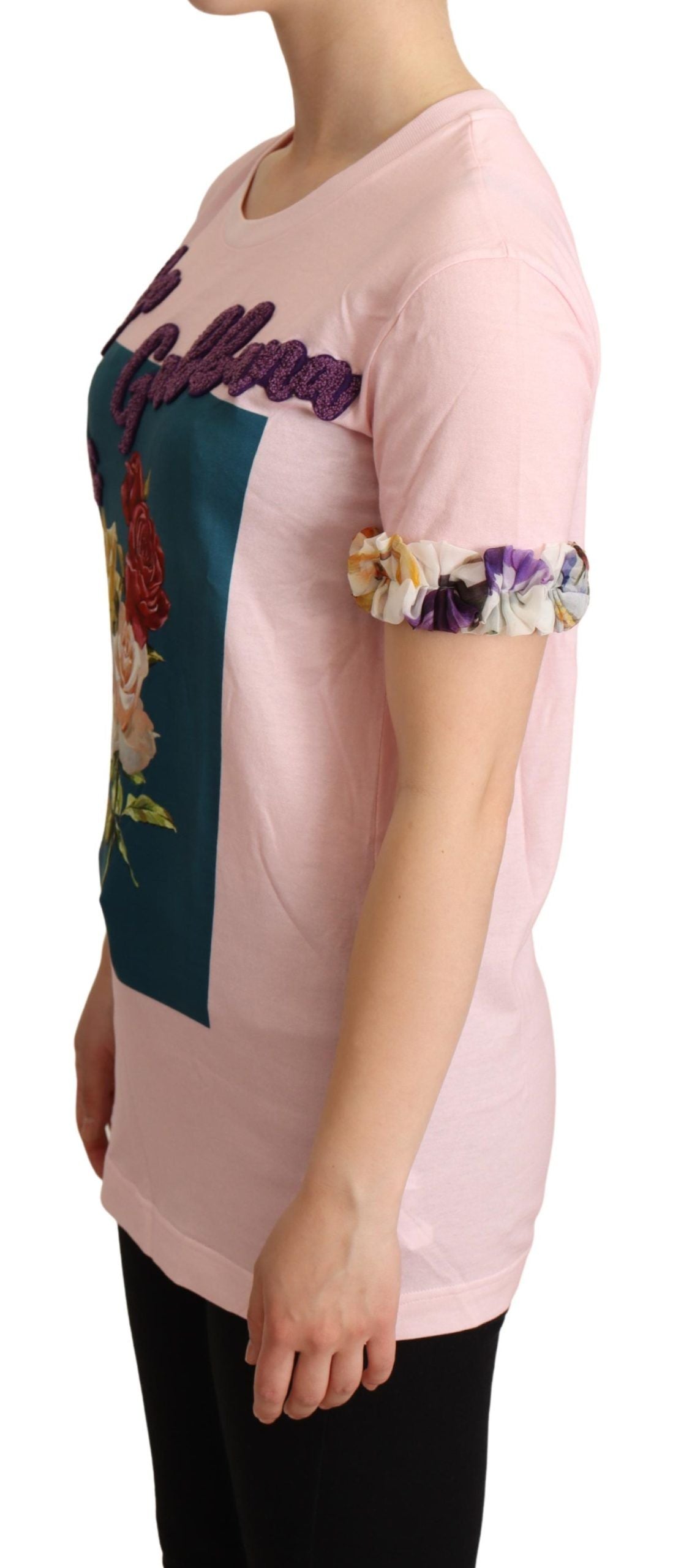 Pink Cotton Floral Roses Crewneck T-shirt