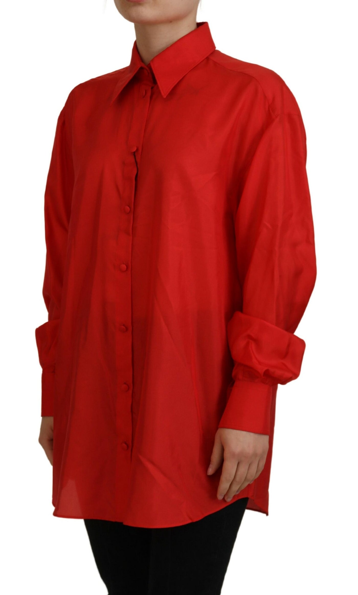 Red Silk Collared Long Sleeves Dress Shirt Top