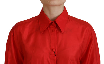 Red Silk Collared Long Sleeves Dress Shirt Top