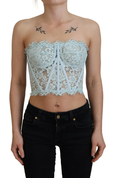 Blue Strapless Floral Lace Bustier Crop Top