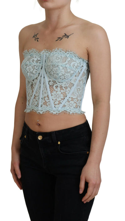 Blue Strapless Floral Lace Bustier Crop Top