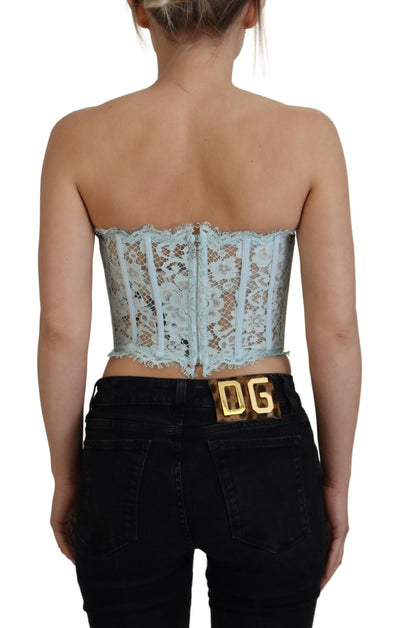 Blue Strapless Floral Lace Bustier Crop Top